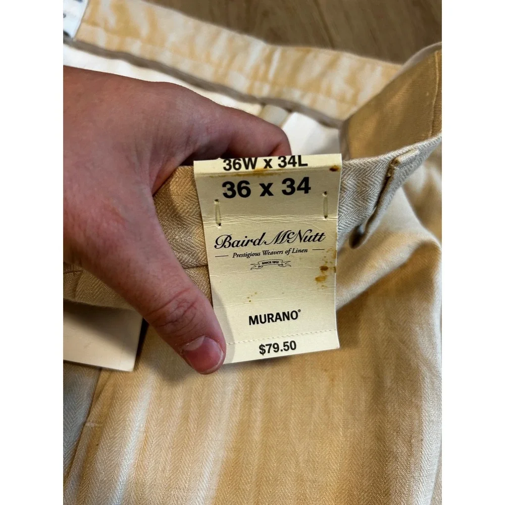Murano Baird McNutt Irish Linen Herringbone Pants Mens 36x34 Beige Cuffed New